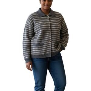 Eddie Bauer Wool Cardigan Navy Houndstooth Stripe Collared Button Front Size L